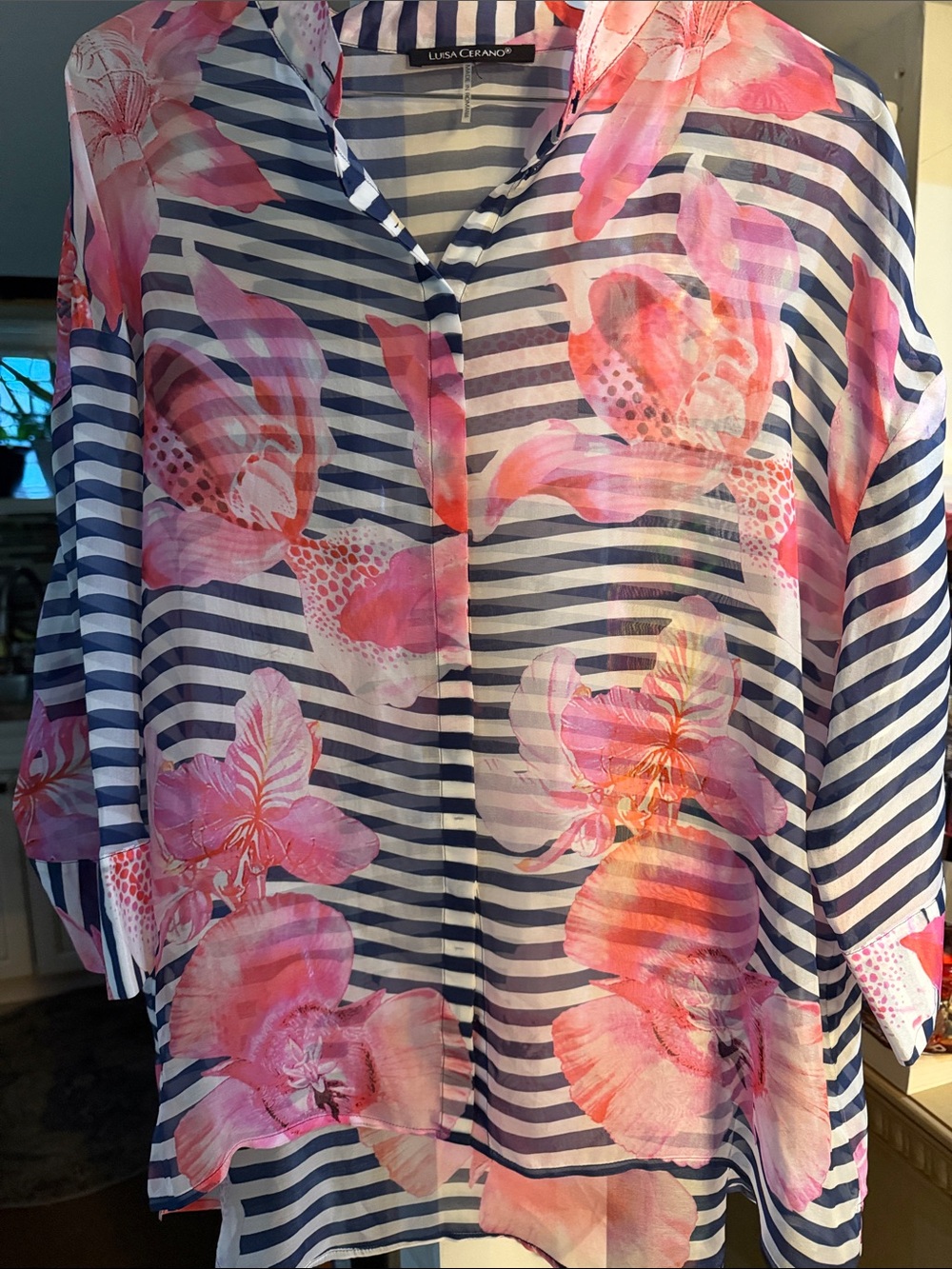 Navy Striped Blouse with Pink Floral Print 100% silk